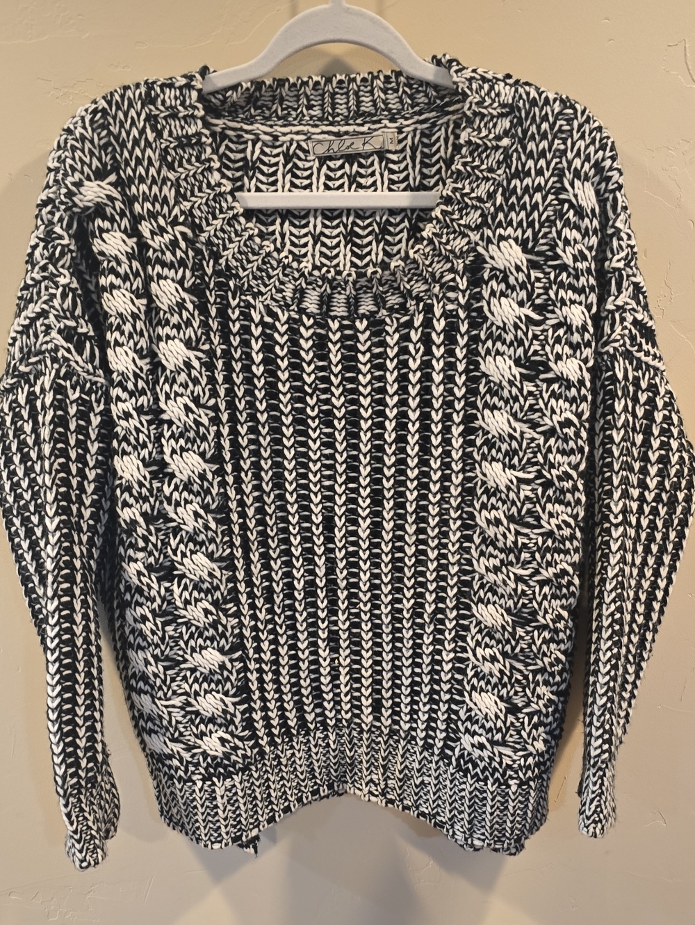 Chloe K Black & White Marled Cable Knit Sweater